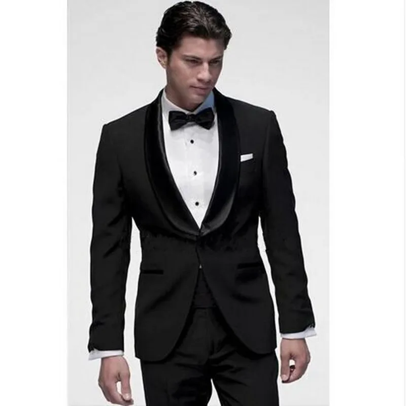 

Custom Made Black Men Suits Shawl Lapel Groomsman Tuxedos High Quality Cheap Men Wedding Suits ( jacket+Pants+Tie)