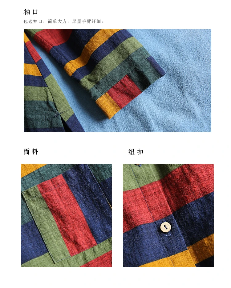 

Vintage Loose Color Stripe Shirt Women Long Sleeve Autumn Mori Girl Literary Cotton And Linen Blouse Tops