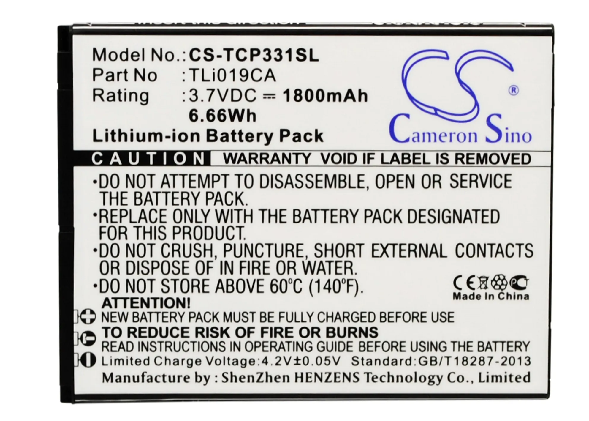 

Аккумулятор Cameron Sino 1800 мАч TLi019CA для TCL P331M