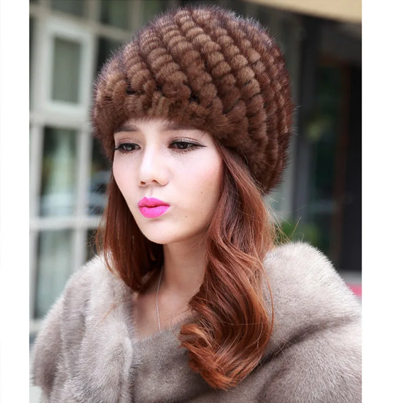 Меховая шапка 100% натуральный мех норки женская вязаная шапки для зимы модные