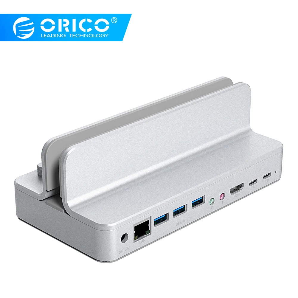 Универсальная док-станция ORICO из алюминия type-C с 3 портами USB3.0-A/type-C PD/DC 12 V/HDMI 4 K/RJ45/Микрофоном и аудиопортами