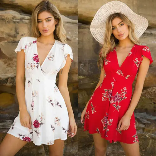 

Women Dress Short Sleeve Floral Printed Chiffon Lace Up Deep V-neck Casual Beach Dress Summer Fashion Dress For Women 2019 Hot