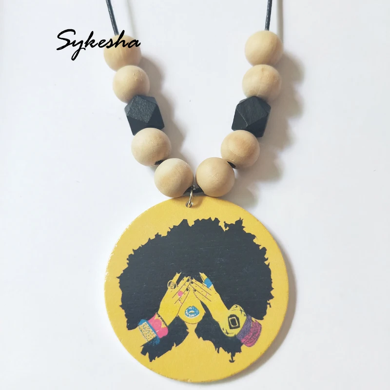  Hot New Yellow Wood Printed Round Africa Girl Tribal Statement Necklace African Wooden Hiphop Bohemia Jewelry Party Gift | Украшения и
