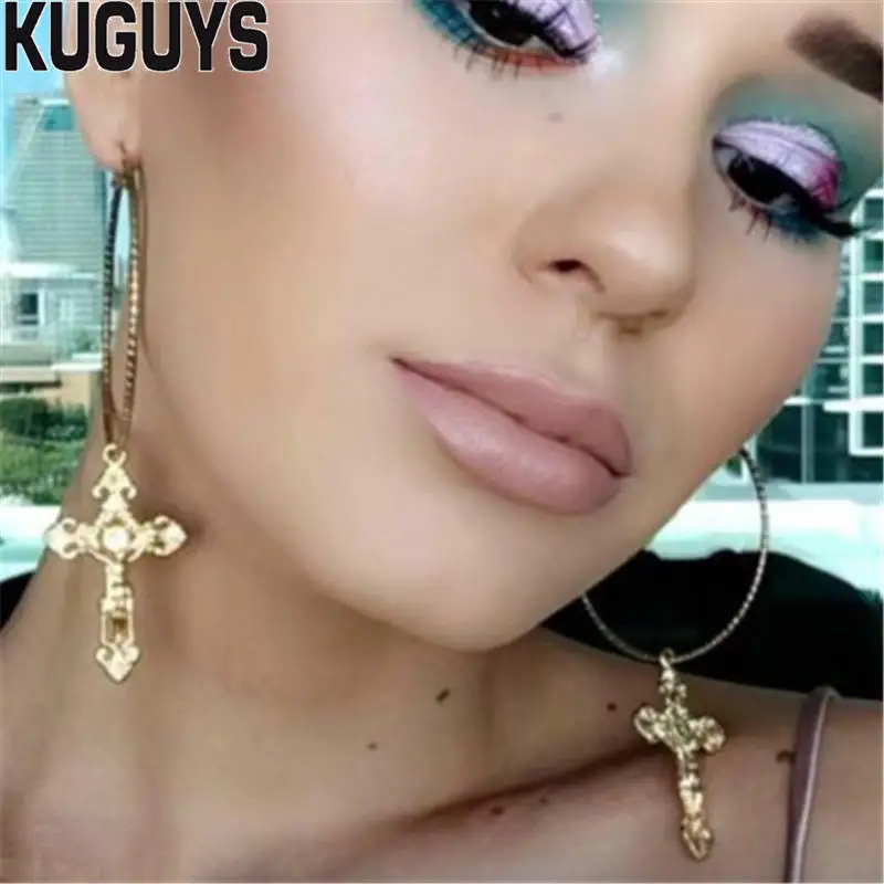 KUGUYS модные ювелирные изделия сплав хип-хоп крест длинные серьги для женщин Pendientes Гипербола круглые серьги-кольца DS Oorbellen Brincos