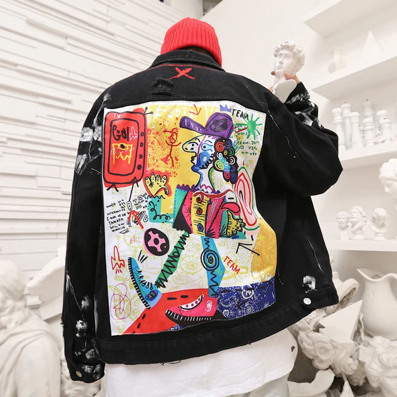 EFUNGAL хип хоп куртки пальто мужские рваные Мультяшные джинсы с рисунком граффити