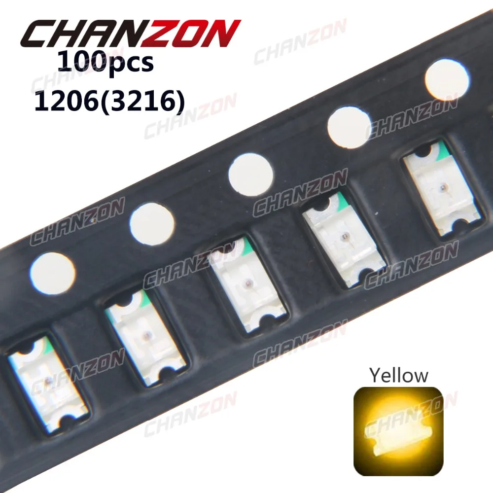 100 шт. SMD 1206 (3216) желтый Поверхностное монтаж SMT светодиодный чип ультра яркий