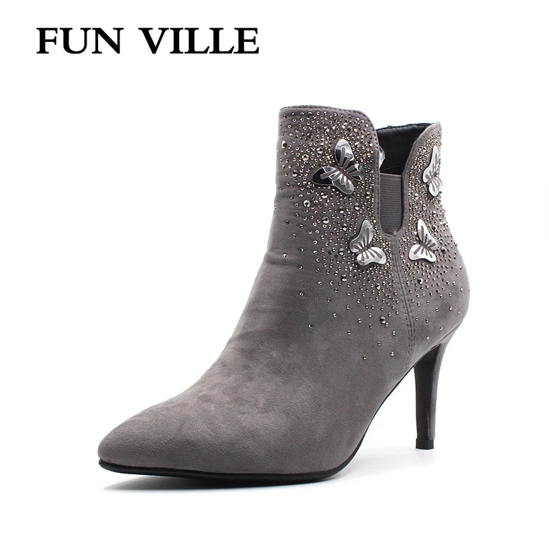 

FUN VILLE 2018 New fashion Autumn winter Crystal Women Ankle Boots Hign quality Flock Pointed Toe Zipper Ladys shoes Size 35-42