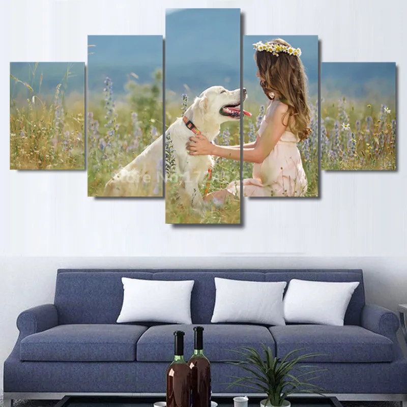 Prints Sweet Girl And Lovely Dog Canvas Painting 5 Pieces Cuadros Decoracion Landscape Wall Art Home Decor Unframed | Дом и сад