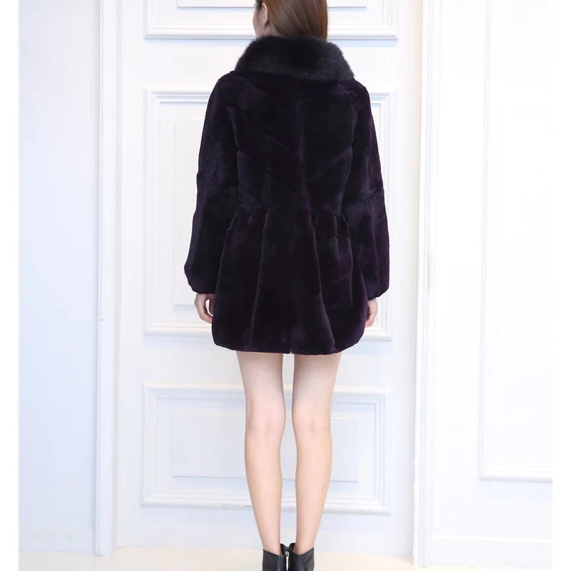 

Elegant Natural Rex Rabbit Fur Coats Outerwear Women Wave Cut Real Fox Fur Collar Slim Leather Fur Jackets Plus Size M - 8XL