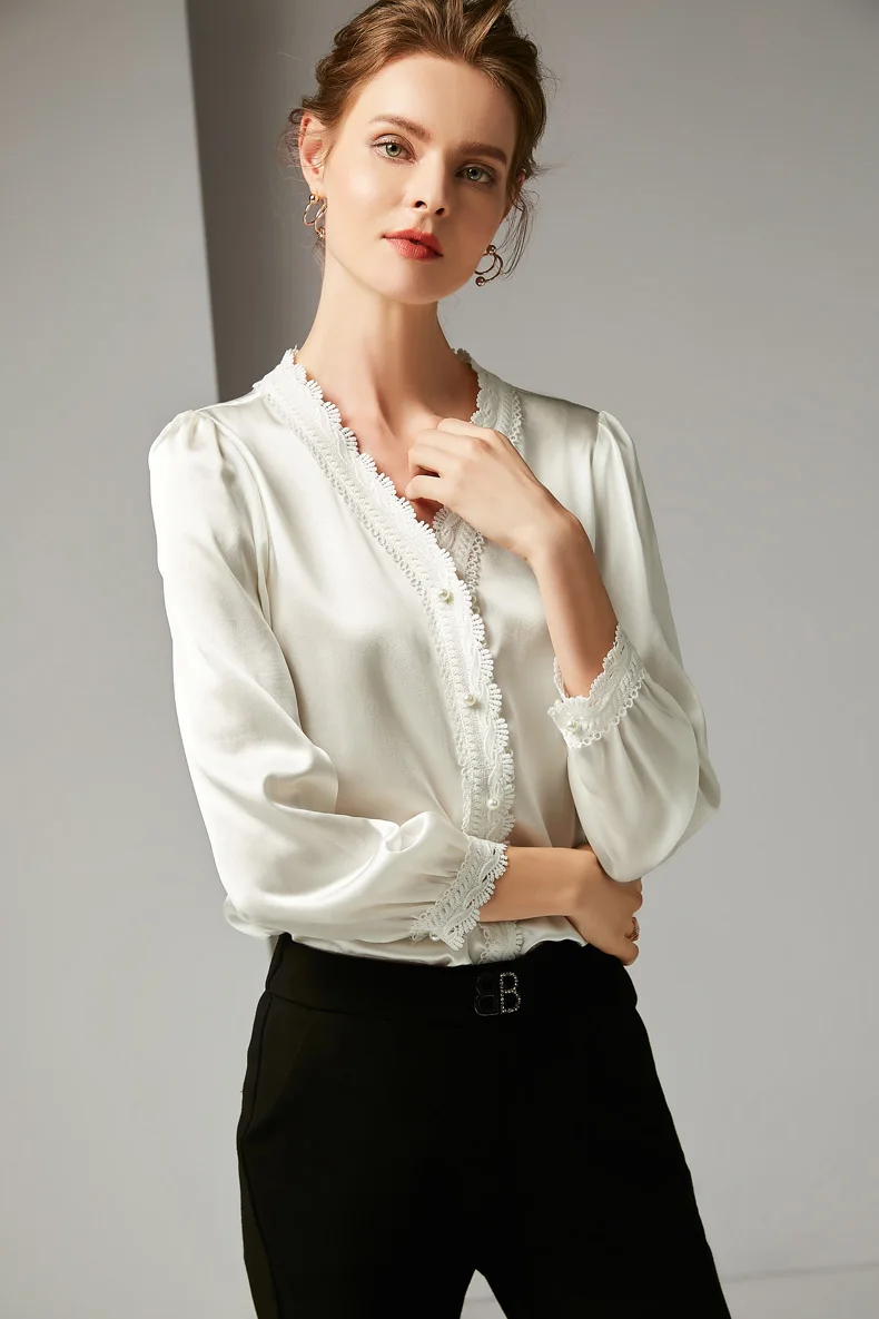 

100% Pure Silk Women's Runway Shirts Sexy V Neck Long Sleeves Embroidery Lace Trim Piping Fashion High Quality Shirts Blouses
