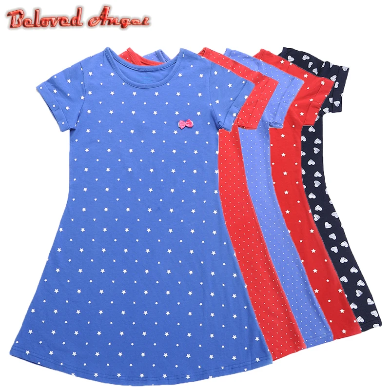 New Brand Short Sleeve Kids Girl Cartoon Striped Unicorn Star Dot Dresses For Baby Girls Summer Clothes Children | Детская одежда и