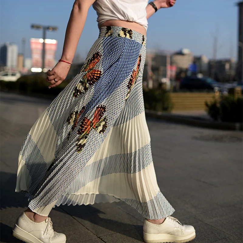 Summer Women Chiffon Skirts Elastic Waist Maxi Skirt Ladies Long Womens Butterfly Pattern Pleated Faldas Saias | Женская одежда