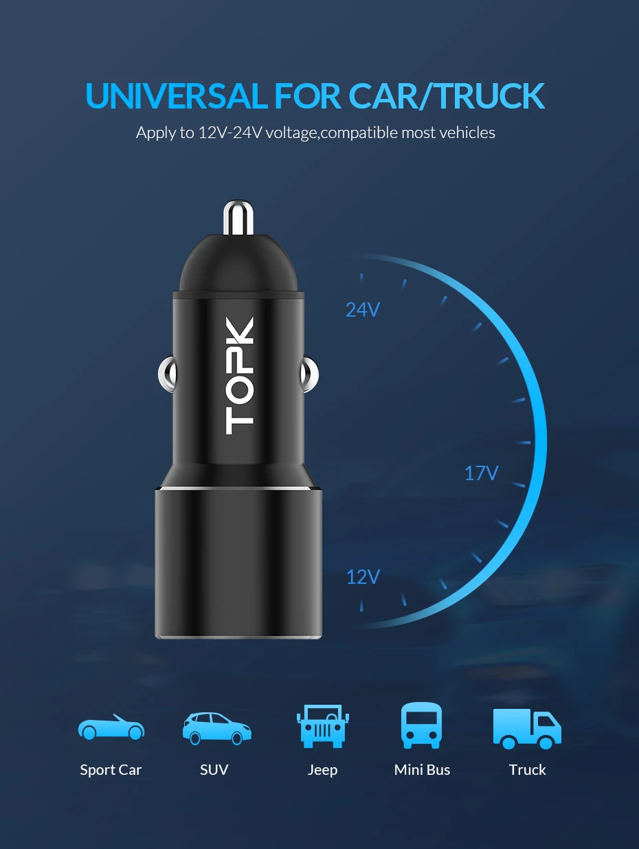 TOPK G207Q Dual USB Автомобильное зарядное устройство Быстрая зарядка 3,0 быстрое зарядное устройство автомобильное зарядное устройство для iPhone Xiaomi huawei телефон зарядное устройство адаптер в автомобиле