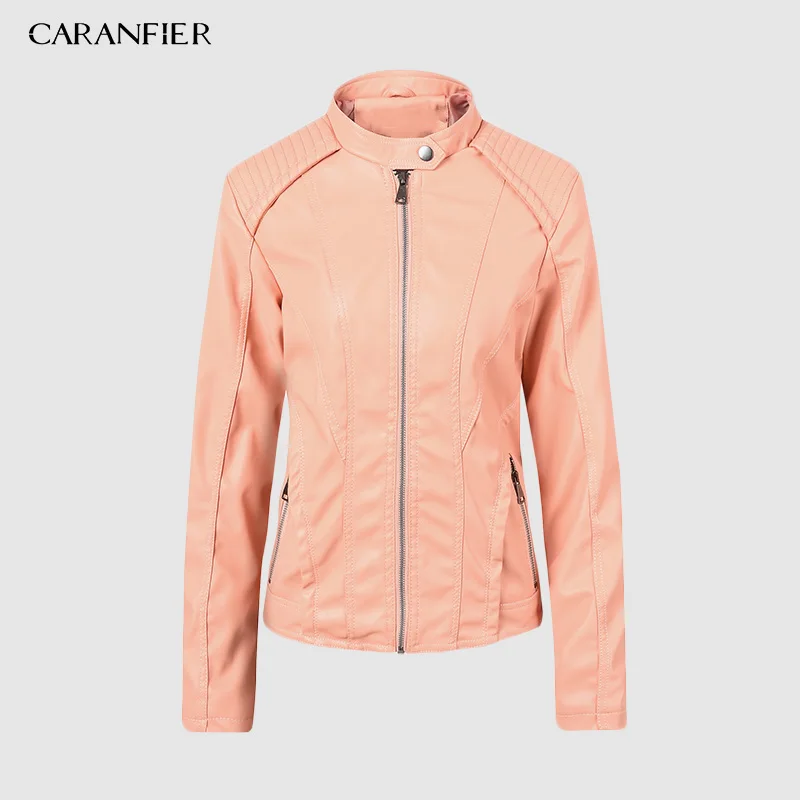Розовый CARANFIER новые модные женские гладкие Мотоциклетные Куртки из искусственной кожи женские с длинным рукавом осенние зимние байкерские уличные пальто - Цвет: Розовый