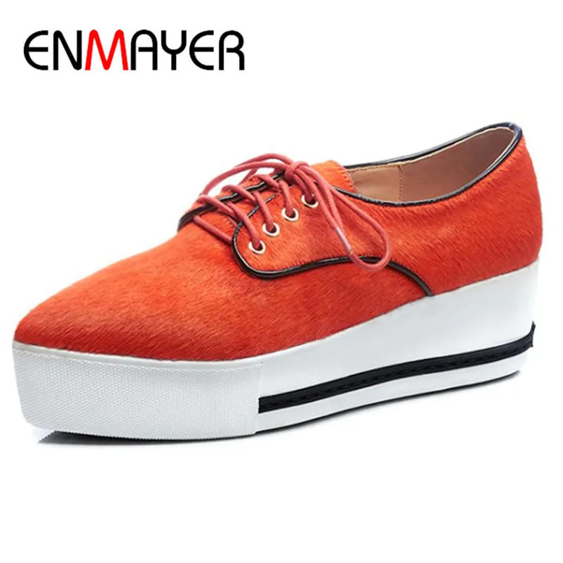 

ENMAYER Lace-up Shoes Woman Cross-tied Flat Platform Shoes Size 34-39 Pointed Toe Black Orange Horsehair Casual Flats Womens