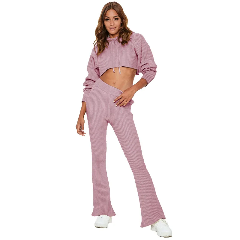 2018 Women Two Piece Outfits Fashion Short Hooded And Wide Leg Pant Tracksuit Knitting Winter Set | Женская одежда