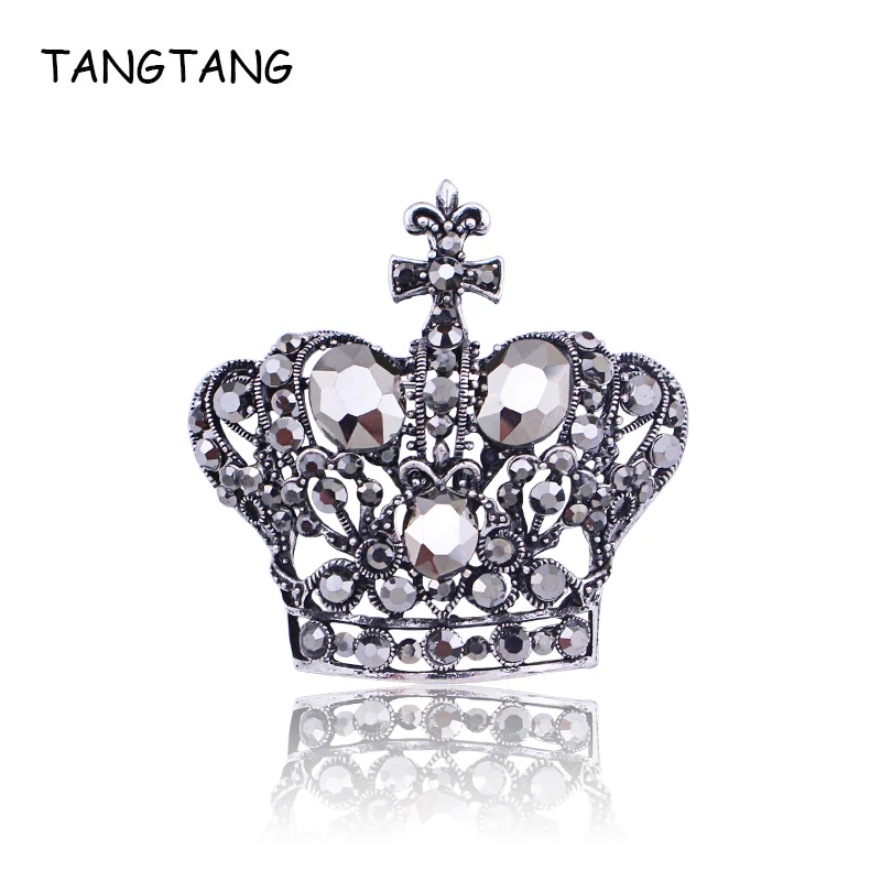 

TANGTANG Crown Brooch Large Black Rhinestone Crystal Brooches For Women Antique Color Jewelry Pins 55MM Classic Generous Pins