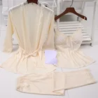 Женский сексуальный Шелковый Атласный пижамный комплект кружевная одежда для сна модная Домашняя одежда V-образная Пижама Халат + топ + брюки 3 предмета для женщин