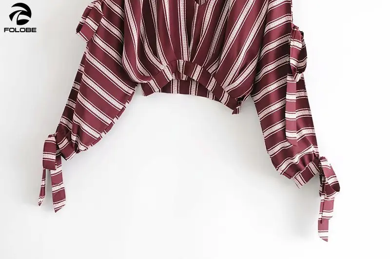 

FOLOBE 2020 Spring Sexy Women Short Blouse Shirt V neck Long Sleeve Striped Outwear Tops