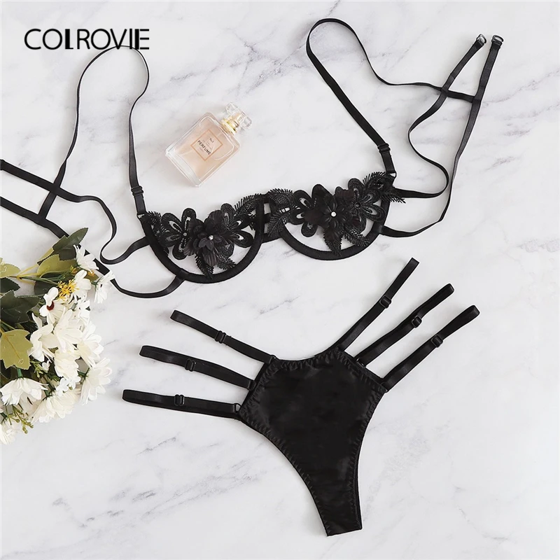 COLROVIE, Черное женское нижнее белье с аппликацией, с вырезами и лестницей, комплект женского белья,, зеленый бюстгальтер и стринги, бордовый комплект нижнего белья с бюстгальтером