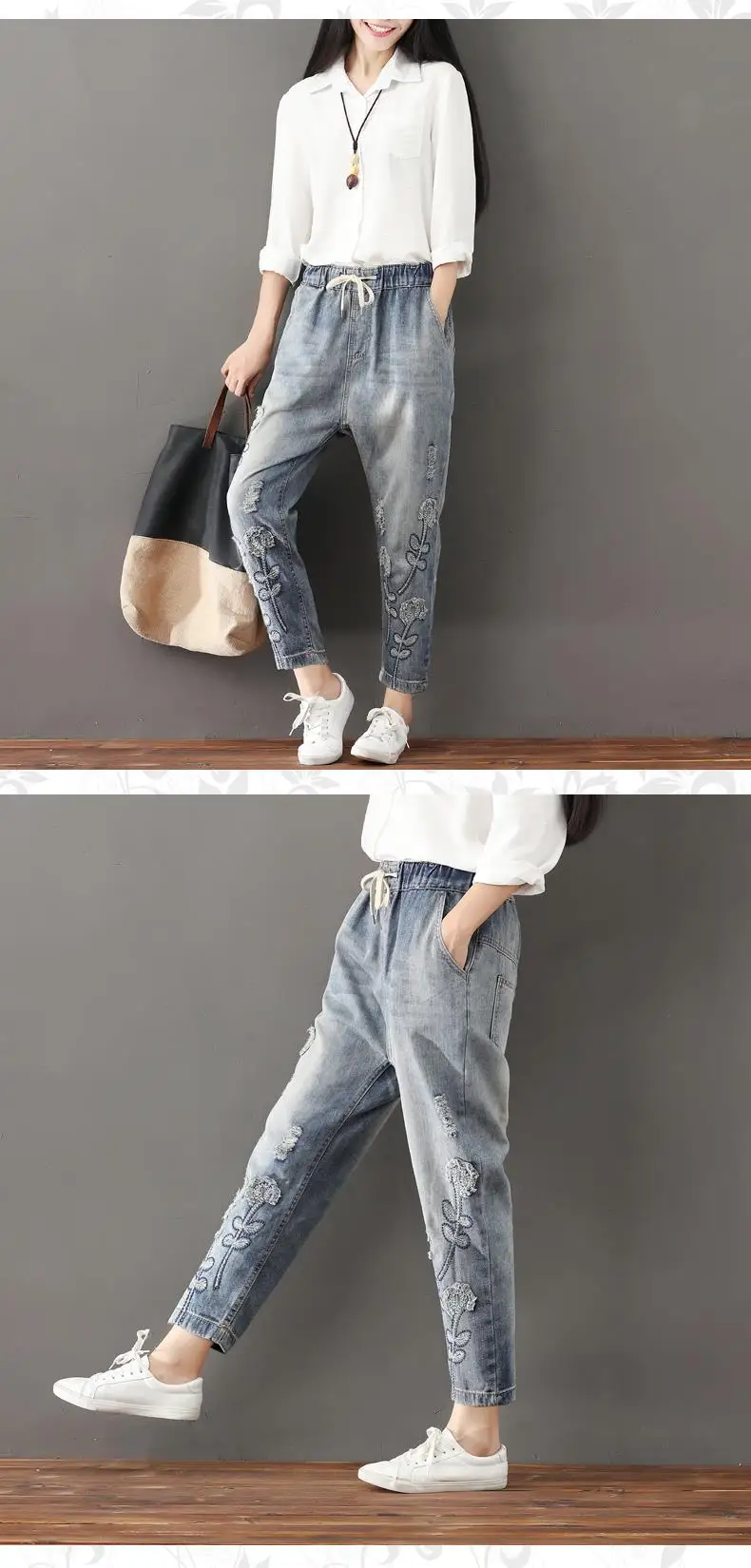 DIMANAF Plus Size Women Jeans Autumn Hole Harem Pants Floral Elastic Waist Show Thin Vintage Capris Pants Blue New Jeans