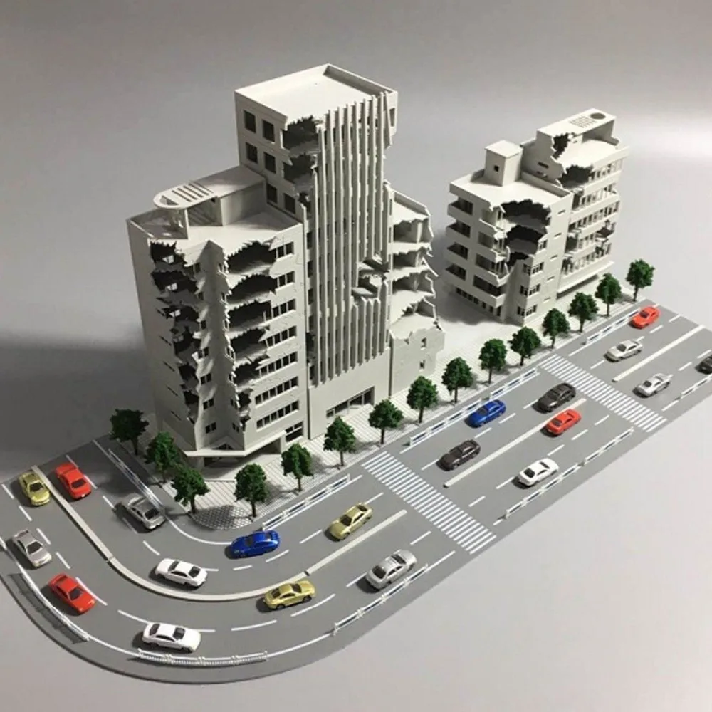 1/144 N масштаб разрушенная модель здания набор битвы поврежденные здания Outland модели включены автомобиль дерево забор улица дорога база