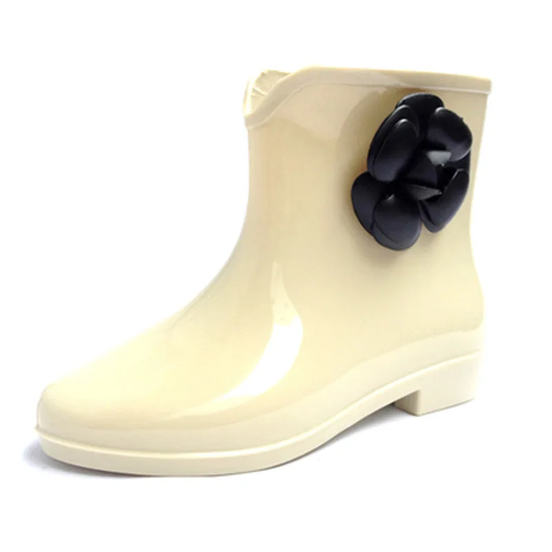 Женские резиновые сапоги с бантом на плоской подошве цветочным принтом для