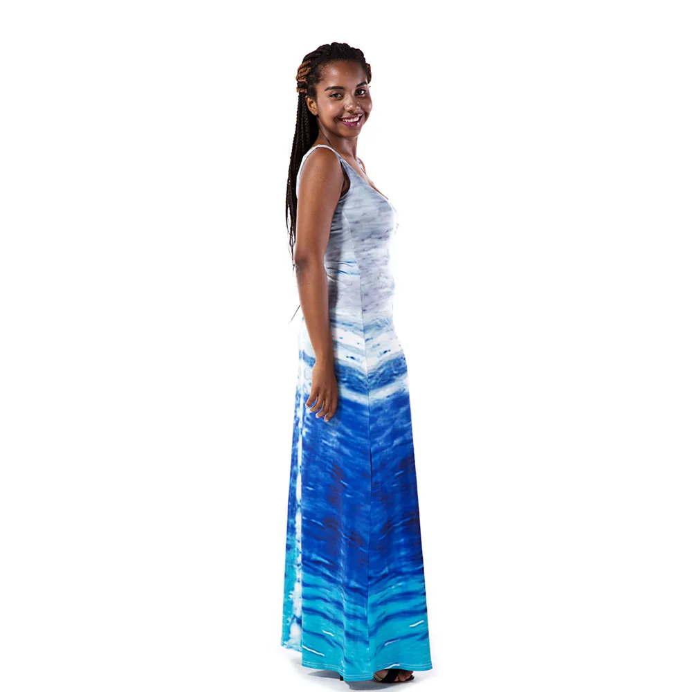 Сексуальное женское летнее платье без рукавов с цветочным рисунком синее