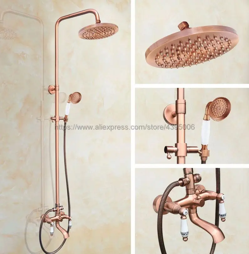 

Antique Red Copper Bathroom Shower Set Faucet Tub Mixer Tap Handheld Shower Wall Mounted Brg546