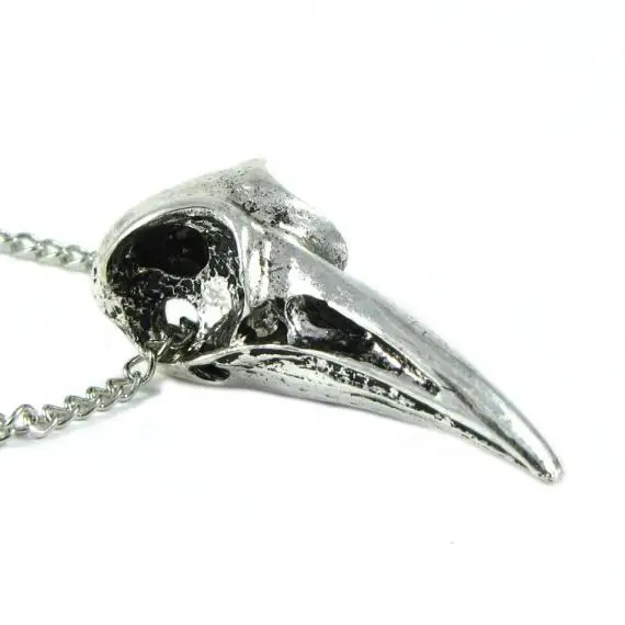 Ожерелье с кулоном в виде птицы и черепа из античного серебра|pendant necklace|skull pendantbird