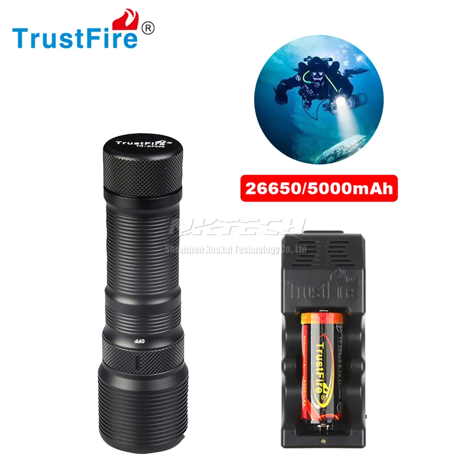 with 5000mAh Charger TrustFire DF-008 Дайвинг фонарик 100 м XM-L2 СВЕТОДИОДНЫЙ Магнитный контроль поворотный переключатель фонарь IP-X8 подводный погружение свет 3 режима - Испускаемый цвет: with 5000mAh Charger