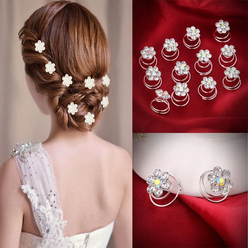 

12PCS Hair Clips For Women Flower Crystal Wedding Bridal Hair Pins Twists Spiral Coils Hairpins Styling Fashion Hair Accessories