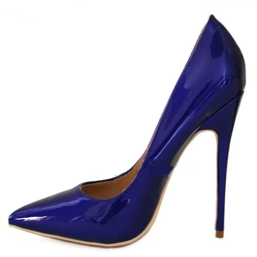 

New Arrivals Deep Blue Patent Leather Women Pumps Pointed Toe Stiletto Heel Shoes Slip-on 12cm Ultra High Heels Wedding Shoes