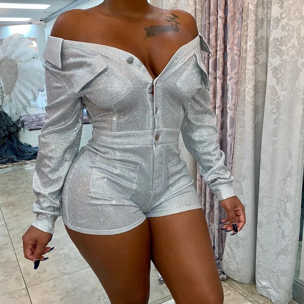 V образным вырезом длинный рукав для женщин Оболочка Короткие Bodycon Комбинезоны