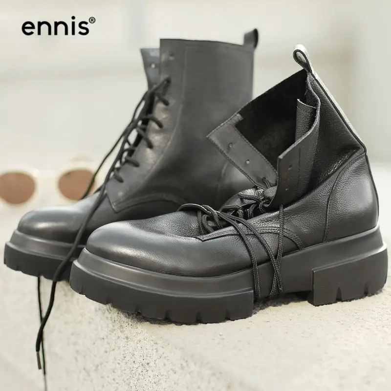 ENNIS/; зимние Ботинки Martin; женские ботильоны из натуральной кожи; ботинки на платформе и каблуке со шнуровкой; зимняя обувь на плоской подошве; цвет черный, бежевый; A8196