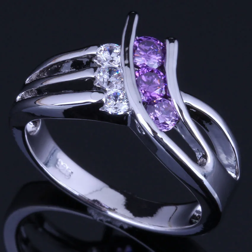 

Enjoyable Purple Cubic Zirconia White CZ Silver Plated Ring V0686