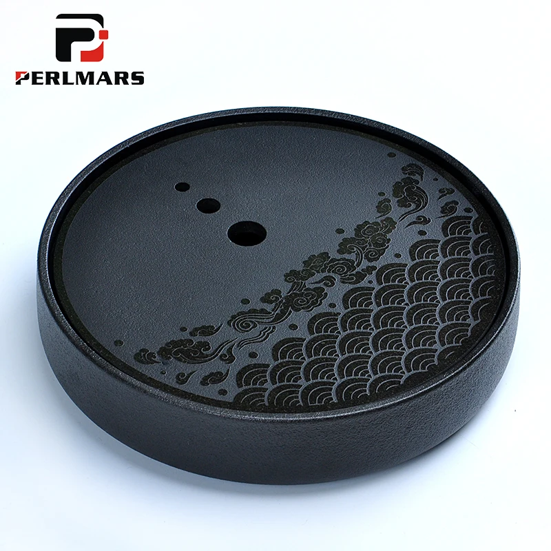 

Vintage Black Ceramic Chinese Kung Fu Tea Set Accessories Small Tea Tray All Handmade Bamboo Round Water Storage Tea Table Plate