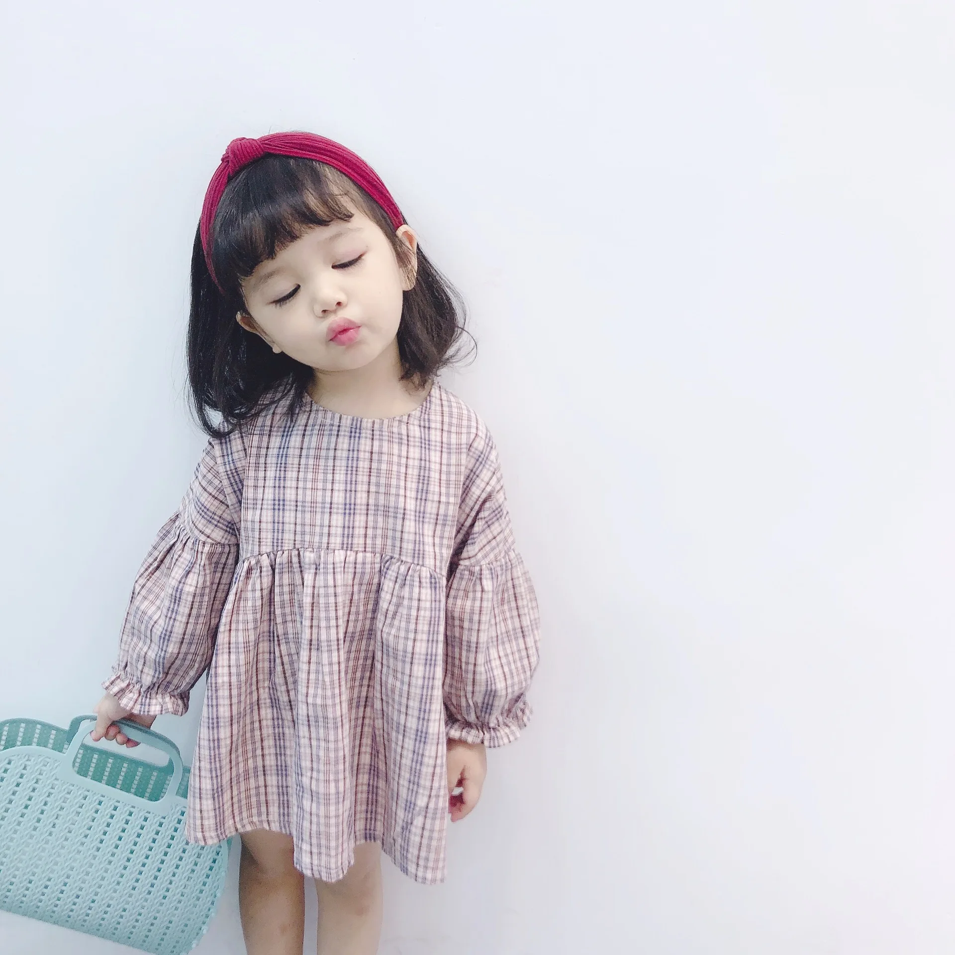 2019 Spring cute girls pink plaid puff sleeve loose A-line fashion princess dresses kids cotton all-match casual dress | Детская одежда