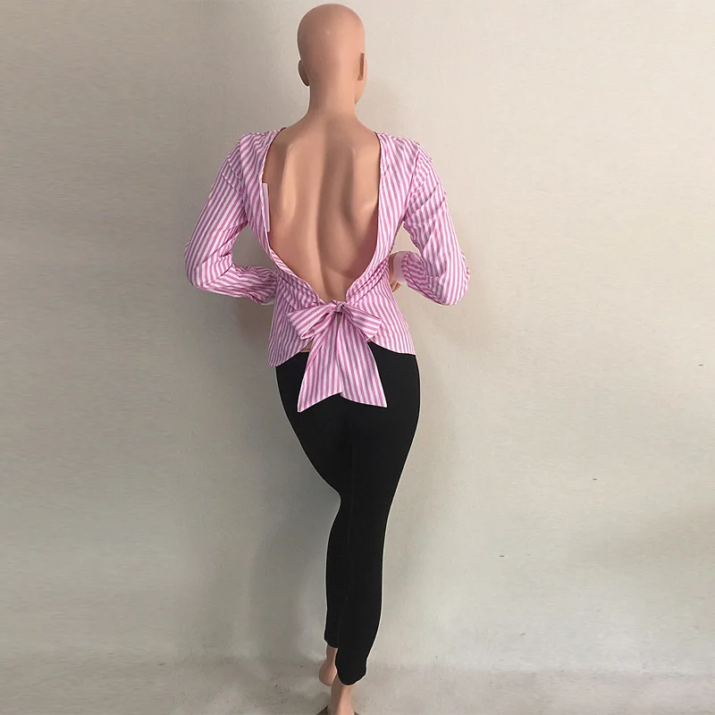 Avodovama M Sexy Backless полосатая блузка 2017 с круглым вырезом и длинным рукавом полый