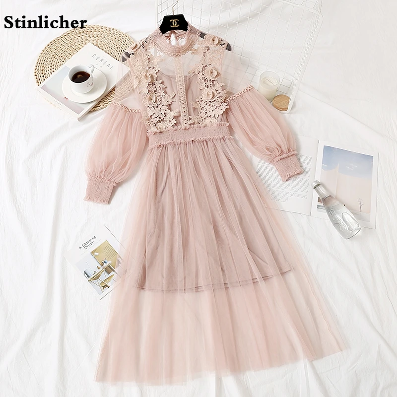 Stinlicher Sweet Long-Sleeved Stand-Neck Party Dresses Women Mesh Streetwear Mid-Calf Dress Female 2020 Summer Lace Blue | Женская