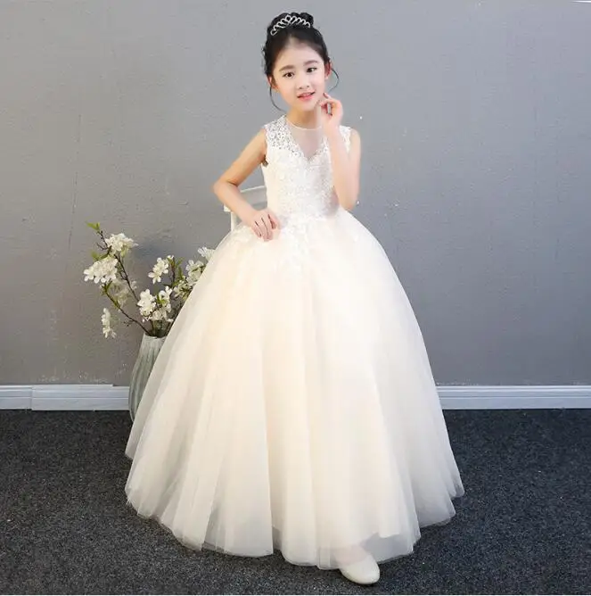 Elegant Champagne Tulle Flower Girl Dress For Weddings Lace Party Pageant Princess Gown Long Style Kids First Communion Dresses | Детская