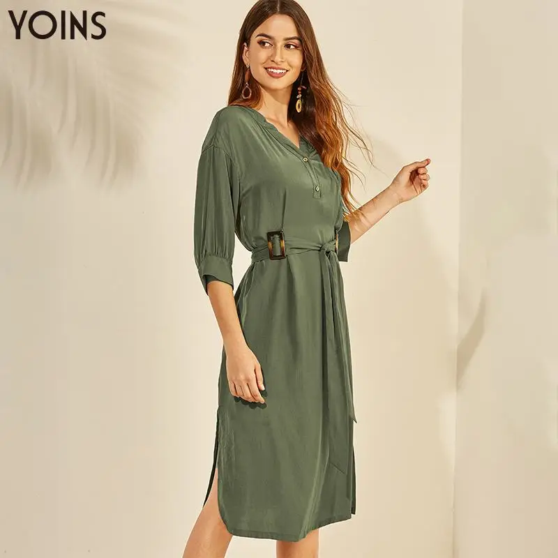 YOINS 2019 женское платье осень лето миди с v образным вырезом самозавязывающееся