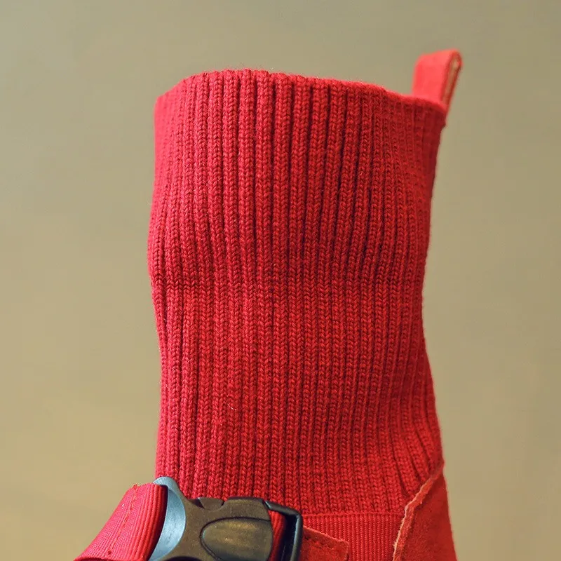 2016 Осень Зима Дети Пряжки Мартин Сапоги Вязаный Носок Натуральная Кожа Мальчики