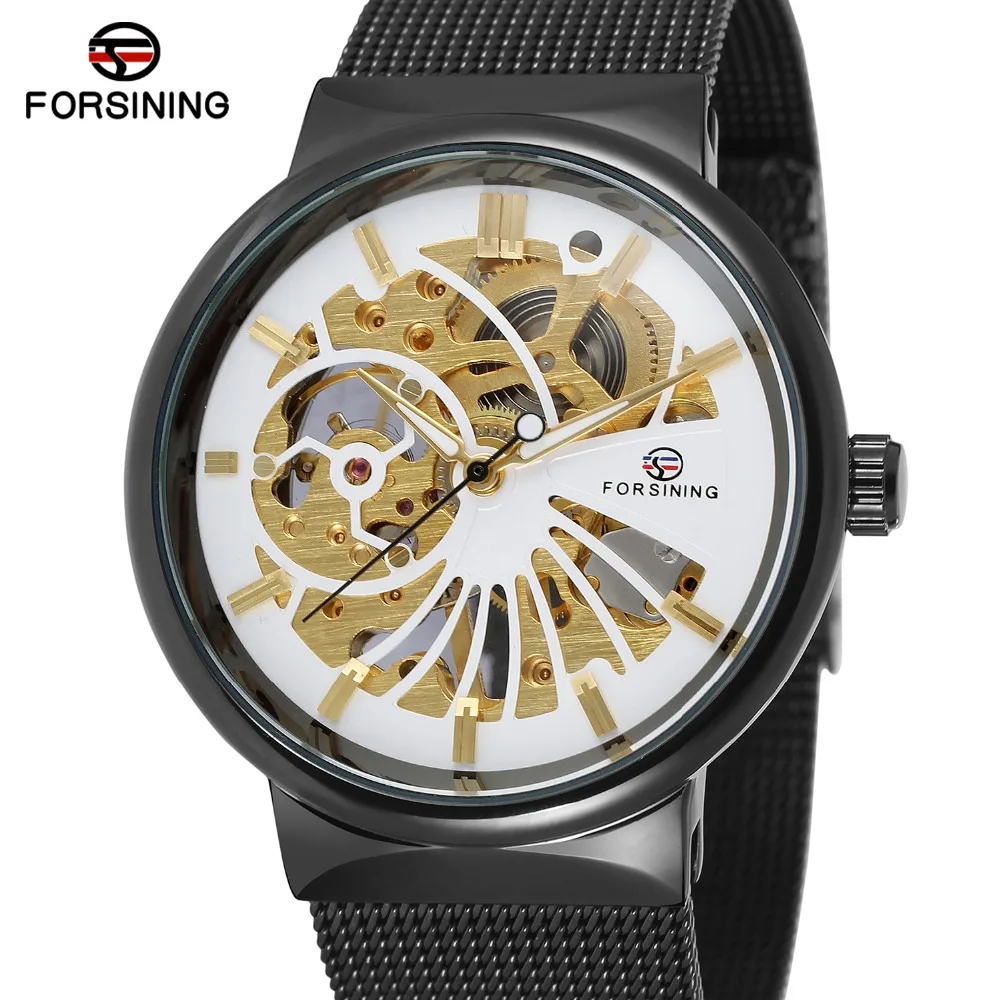FORSINING мужские черные ультра тонкие часы из нержавеющей стали классические