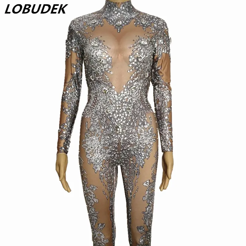 

Female costumes Crystals Jumpsuit Bar Sexy Nude Stretch star singer dancer Stage dancing DJ DS performance clothing nightclub