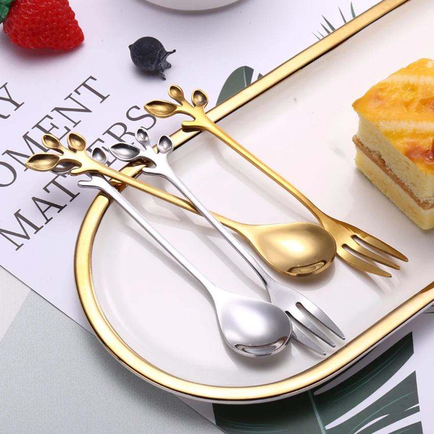 1 шт. золотой Серебряный лист десертная кофейная ложка вилка для сахара