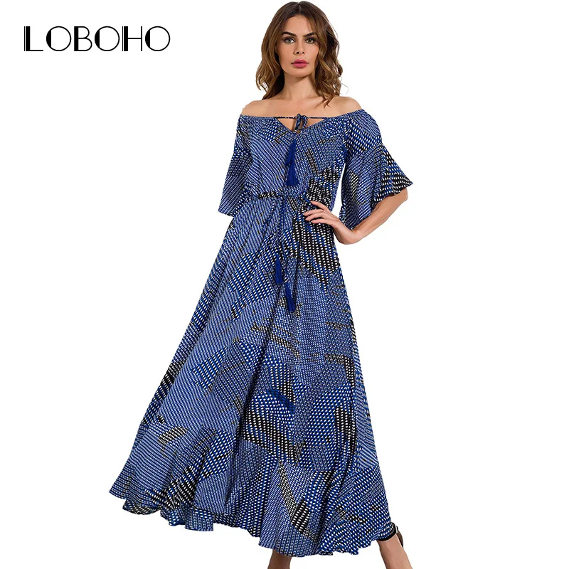 Платье макси с открытыми плечами осень Новое поступление 2017 года печатные