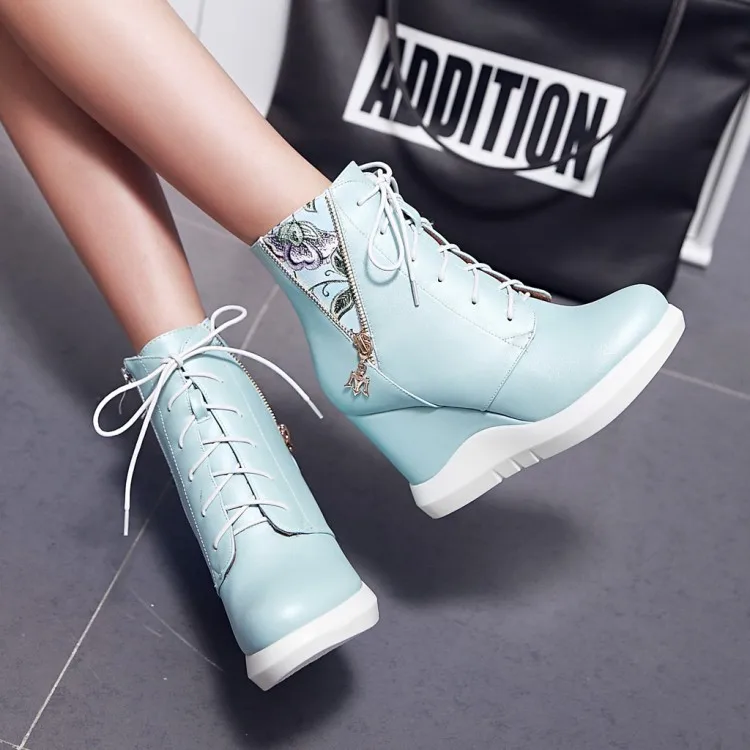 Womens Shoes Floral Printed Wedge High Heel Platform Ankle Boots PU Leather Casual Sneakers Side Zip 3Colors Korean Style A1168