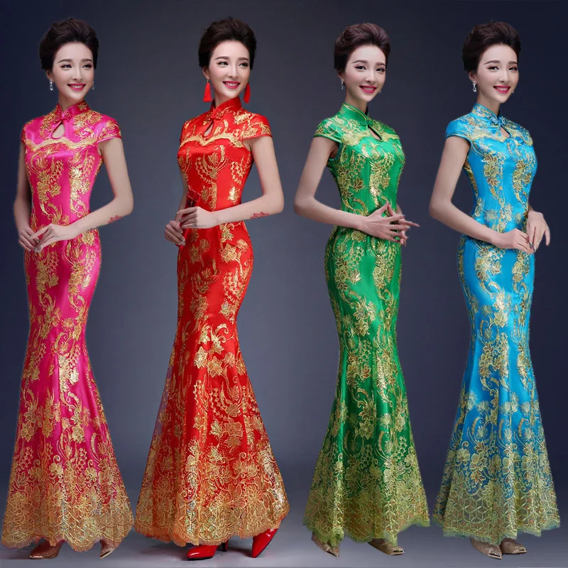 Красное синее зеленое роскошное китайское традиционное свадебное платье Qipao