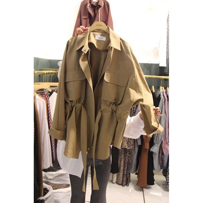 Ветровка женская весна осень 2018 новый стиль Утягивающее длинное пальто зеленый